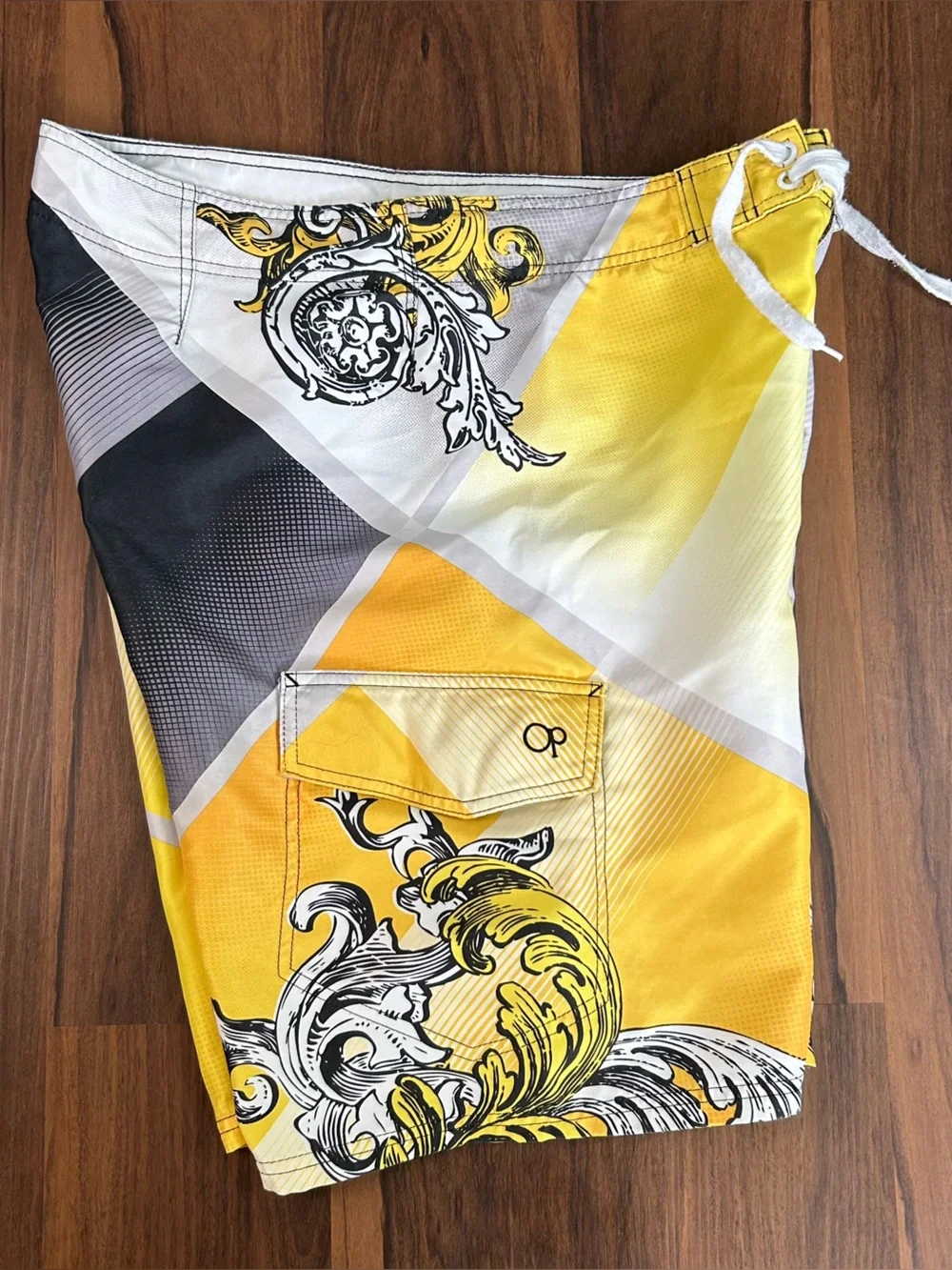 Vintage Y2K OP Men’s Yellow & Gray Baroque-Print Swim Shorts